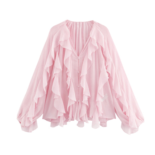 Damen nan feminine Chiffon-Volantbluse mit Ballonärmeln und V-Ausschnitt EB