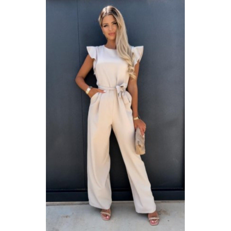 Frauen Fließender Weitbeiniger Jumpsuit mit Rüsche Ärmel EB