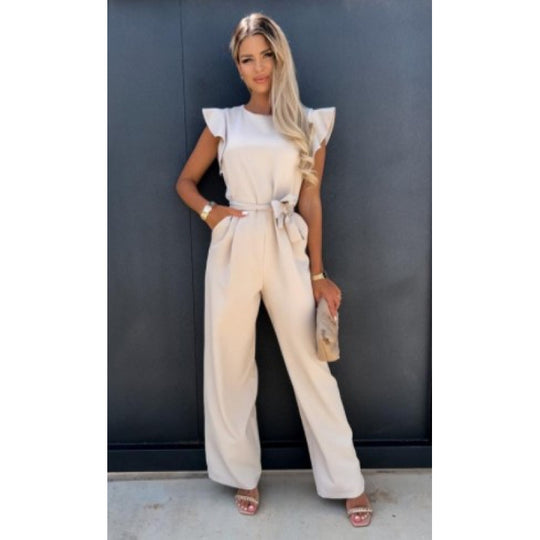 Frauen Fließender Weitbeiniger Jumpsuit mit Rüsche Ärmel EB