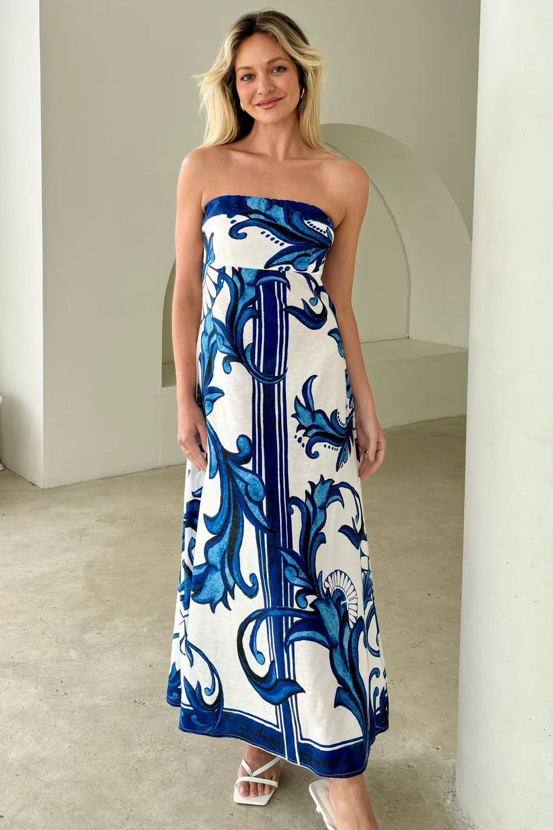 Damen Bandeau Maxikleid mit elegantem floralem Druck und fließendem Schnitt EB