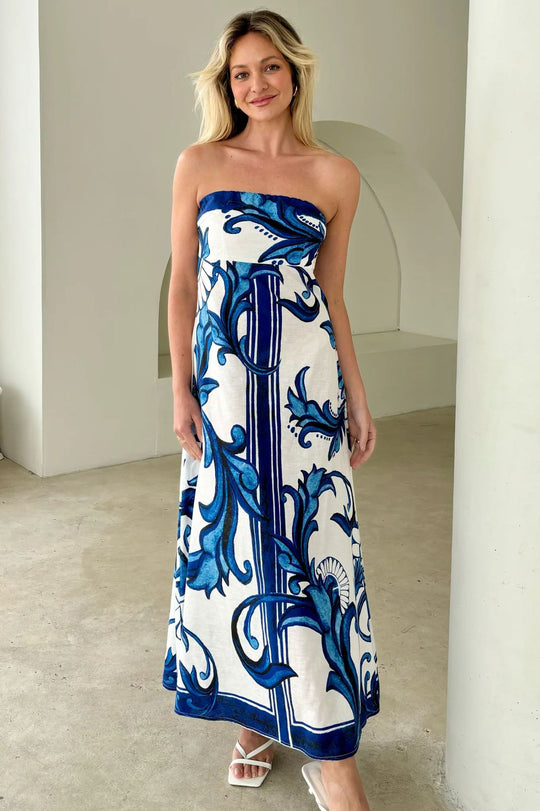 Damen Bandeau Maxikleid mit elegantem floralem Druck und fließendem Schnitt EB