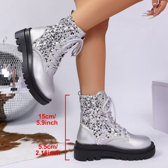 Damen  glitzernde Schnür-Bikerboots mit robust profilierter Sohle und metallisch genarbter Oberfläche EB
