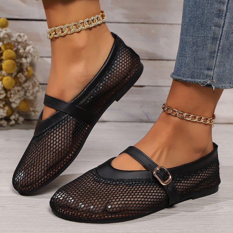 Damen elegante und luftige Ballerinas mit Netzdesign und verstellbarem Riemen EB
