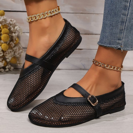 Damen elegante und luftige Ballerinas mit Netzdesign und verstellbarem Riemen EB