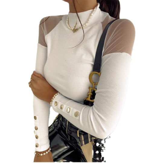 Damen Langarmshirt mit transparenten Ärmeln und Knopfdetails EB