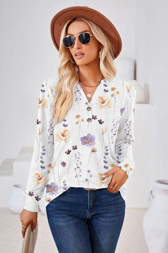 Damen Langarm-Bluse mit floralem Druck und Knopfleiste EB