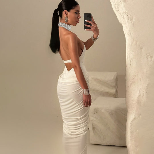 Damen Elegantes Maxikleid mit hochgeschlossenem Kragen und auffälligen Raffungselementen EB