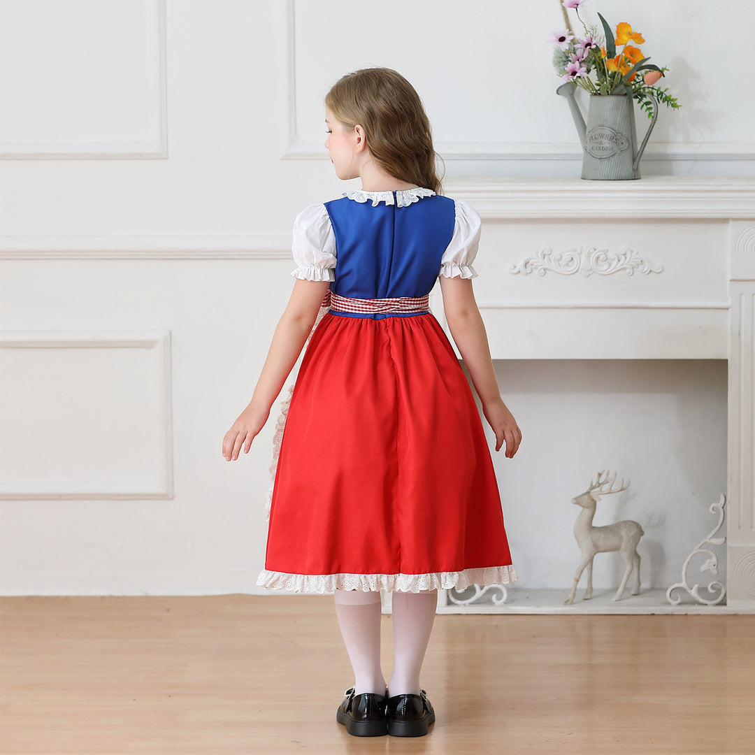 Damen nan traditionelles Kinder-Dirndl Kleid mit geraffter Schürze und Spitzenbesatz EB