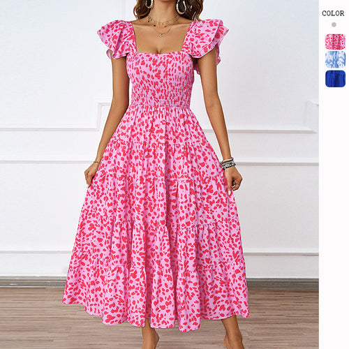 Damen Maxikleid mit voluminösen Rüschendetails und schwingendem Rock EB