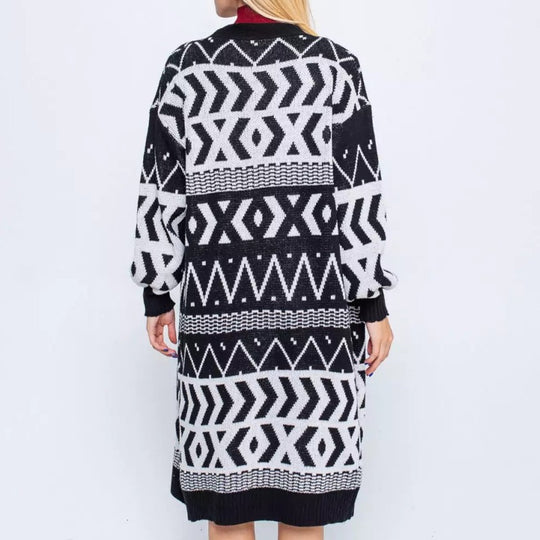 Damen Langer Strickcardigan mit geometrischem Muster und lässigem Schnitt EB