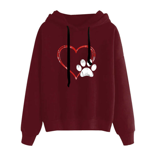 Damen nan lässiger Oversize Kapuzenpullover mit Herz‑und‑Pfotenprint, Kordelzug und gerippten Bündchen EB
