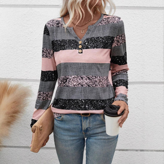 Damen Langarmshirt mit schimmernden Streifen und Knopfdetails EB
