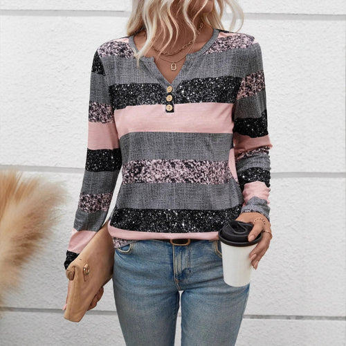 Damen Langarmshirt mit schimmernden Streifen und Knopfdetails EB