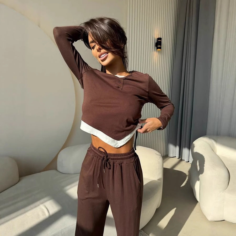 Damen lässiges Freizeit-Set mit Knopfdetails und elastischem Bund EB
