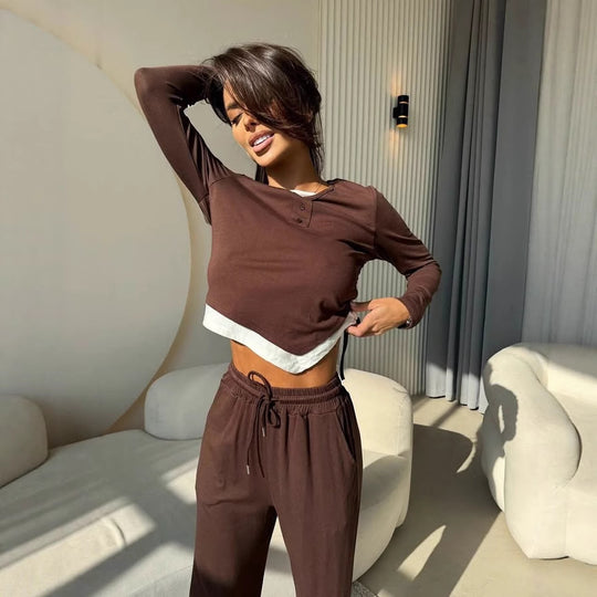 Damen lässiges Freizeit-Set mit Knopfdetails und elastischem Bund EB