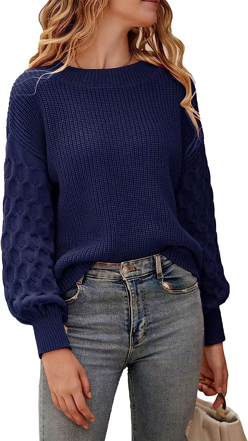 Damen modischer Strickpullover mit strukturierten Ärmeln und Rundhalsausschnitt EB