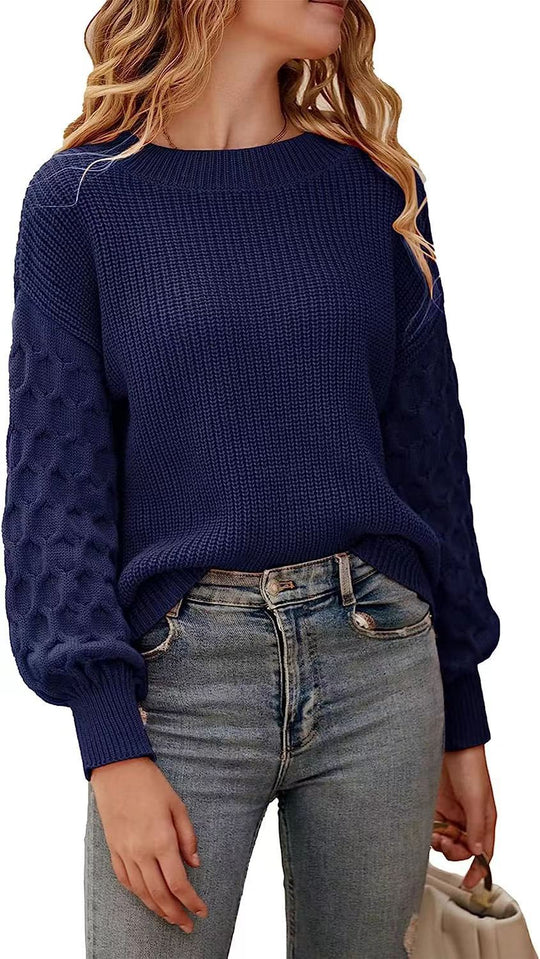 Damen modischer Strickpullover mit strukturierten Ärmeln und Rundhalsausschnitt EB