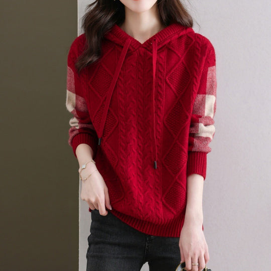 Damen Strickpullover mit Kapuze und modischem Karomuster EB