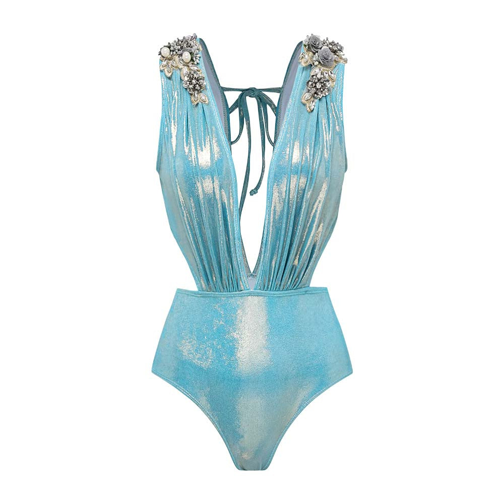 Damen Badeanzug mit off-shoulder Design und elegantem Rock EB