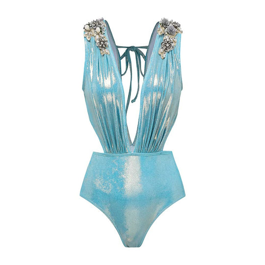 Damen Luxuriöser Schwimmanzug mit schulterfreien Rüschenträgern und passendem Maxirock EB