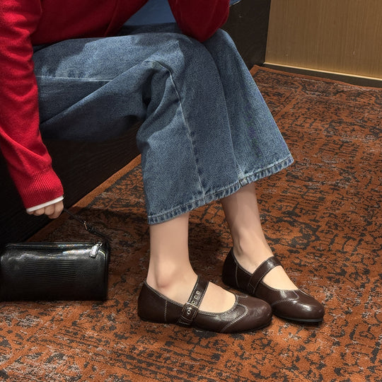 Damen Elegant verspielt Mary Jane Ballerinas mit dekorativem Riemen EB