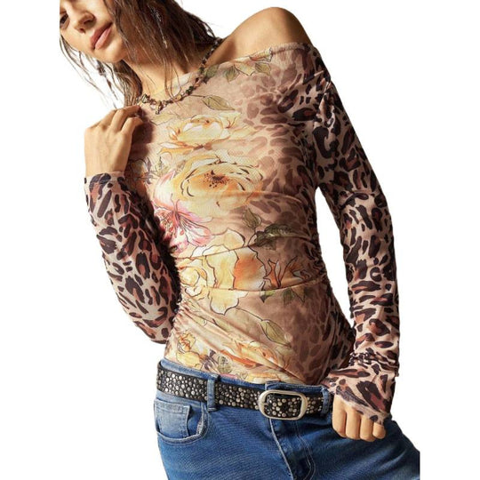 Damen Langarmshirt mit raffiniertem Raffungseffekt und animalischem Druck EB