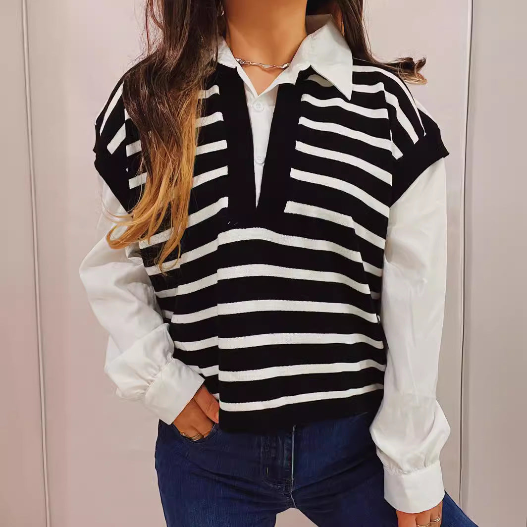 Damen lässiger Polo-Pullover mit gestreiften Design und leichten Puffärmeln EB