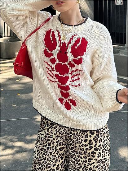 Damen Strickpullover mit maritimem Hummer-Print und lässigem Schnitt EB