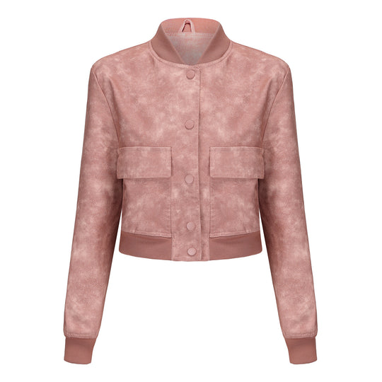 Damen Kunstleder Bomberjacke mit praktischen Taschen und elastischen Bündchen EB