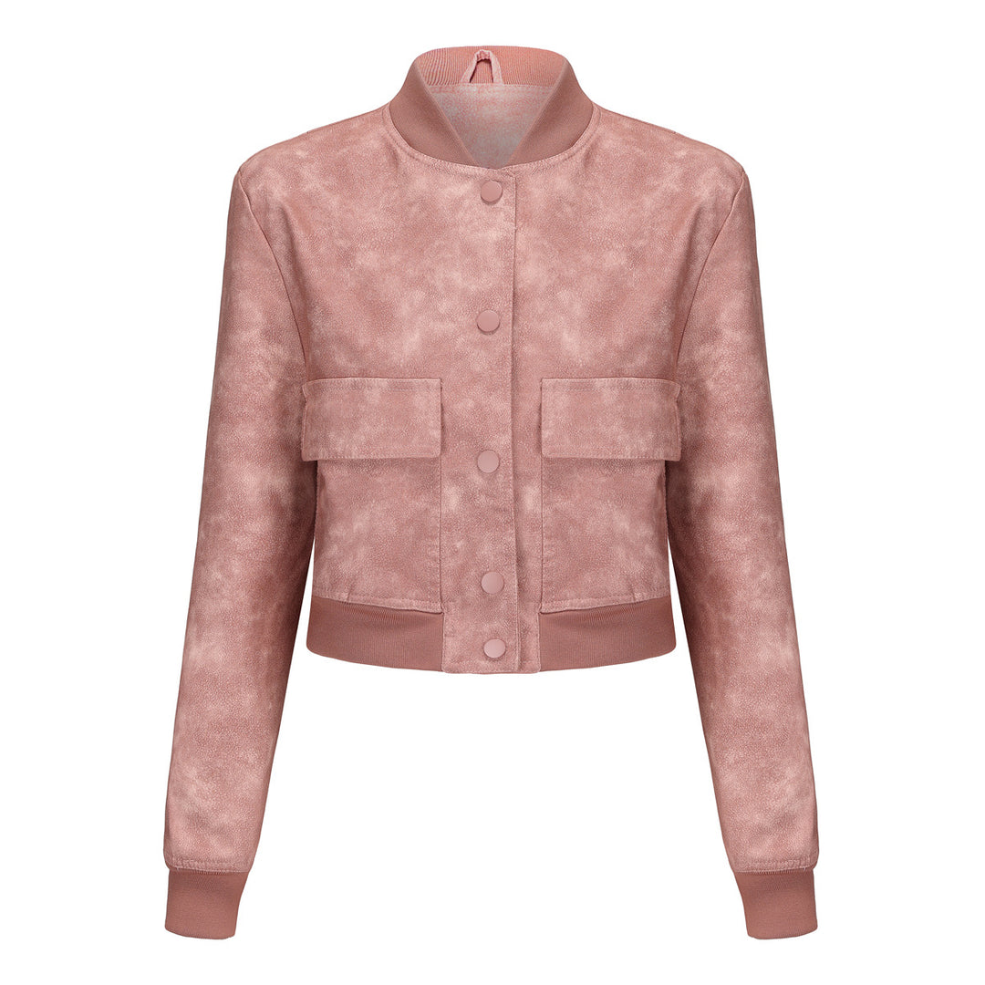 Damen nan kurze Crop-Kunstlederjacke im Blousonstil mit Druckknopffront und aufgesetzten Pattentaschen EB
