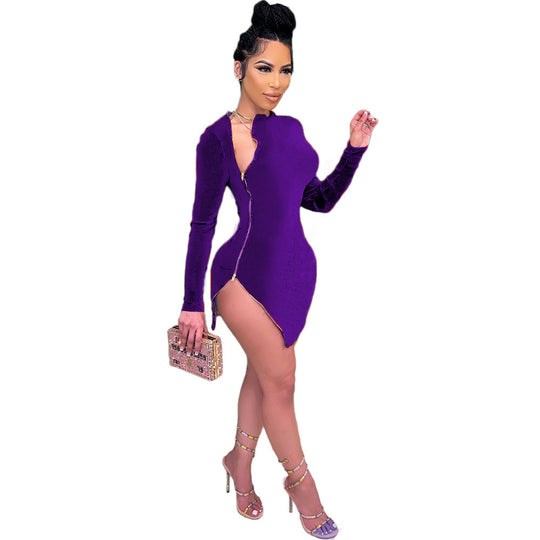 Damen Modisches Einteilerkleid mit asymmetrischem Reißverschluss und langen Ärmeln EB