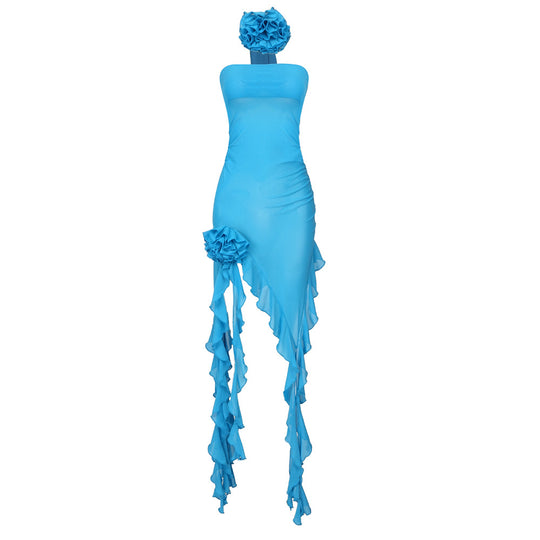 Damen Raffiniertes Maxi-Kleid mit asymmetrischem Rock und floralen Applikationen EB