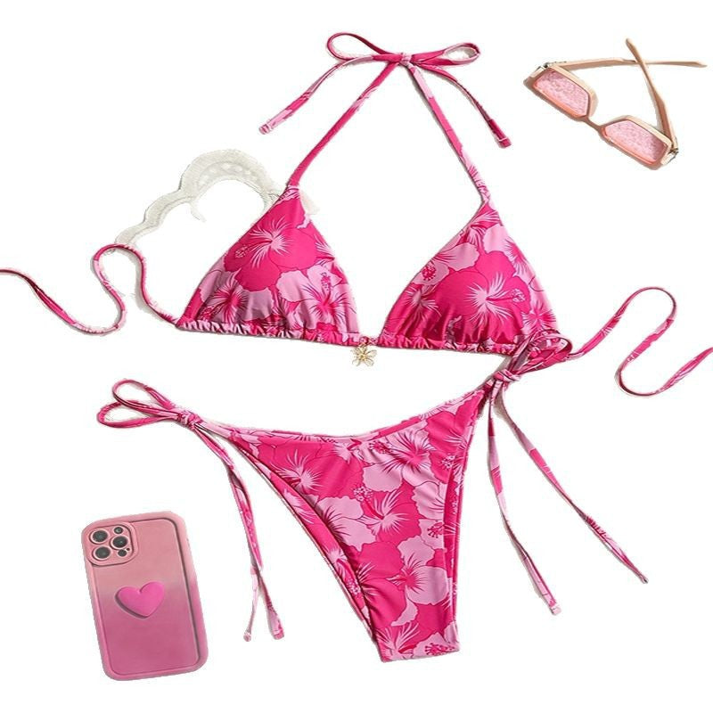 Damen Triangel-Bikini mit floralen Akzenten und verstellbaren Bindebändern EB