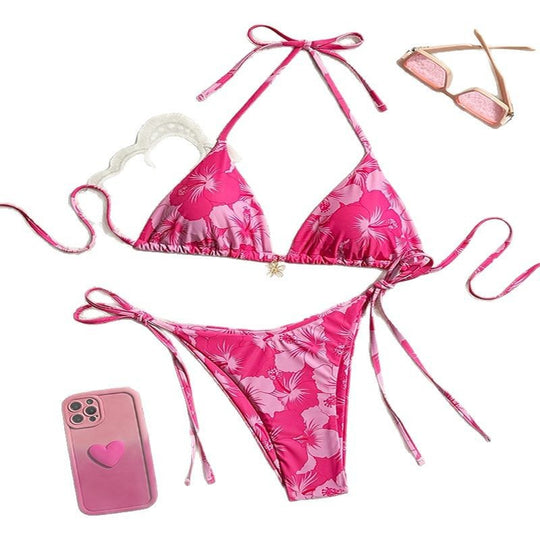Damen Triangel-Bikini mit floralen Akzenten und verstellbaren Bindebändern EB