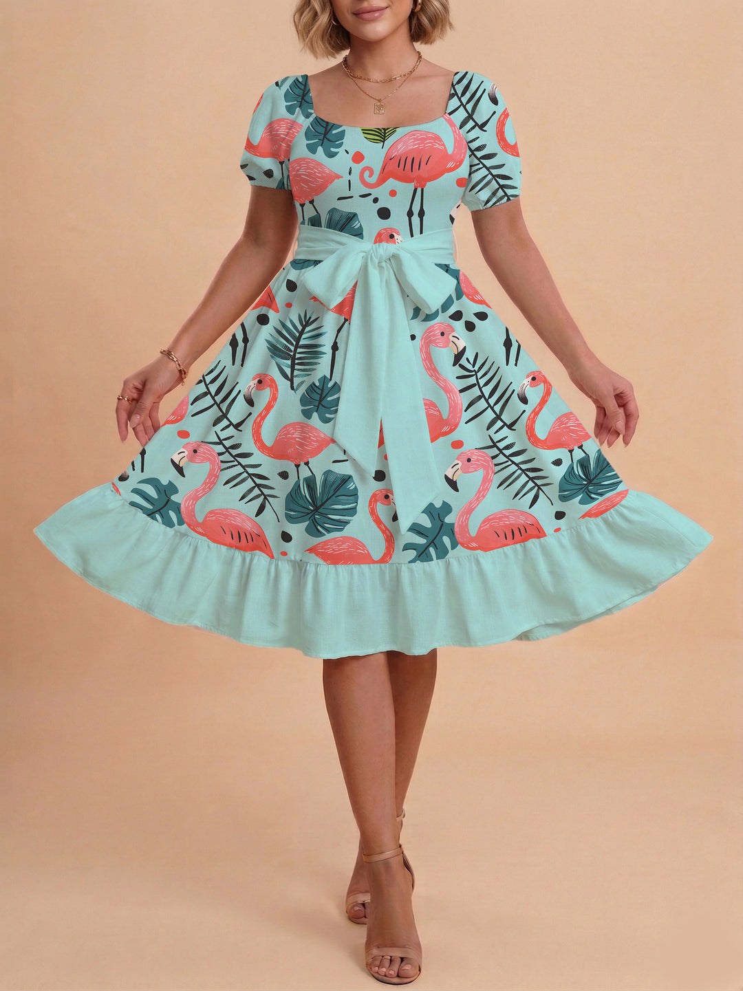 Damen Midi Kleid mit elegantem Blumendruck und tailliertem Gürtel EB