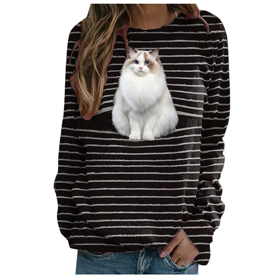 Damen nan lässiger Streifenpullover mit fotorealistischer Katzentasche und Rundhalsausschnitt EB