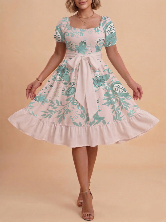 Damen A-Linien-Kleid mit floralen Motiven und taillierbarem Gürtel EB