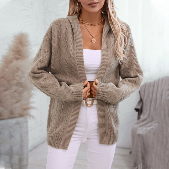 Damen Strickjacke mit Kapuze und feinem Zopfstrick EB