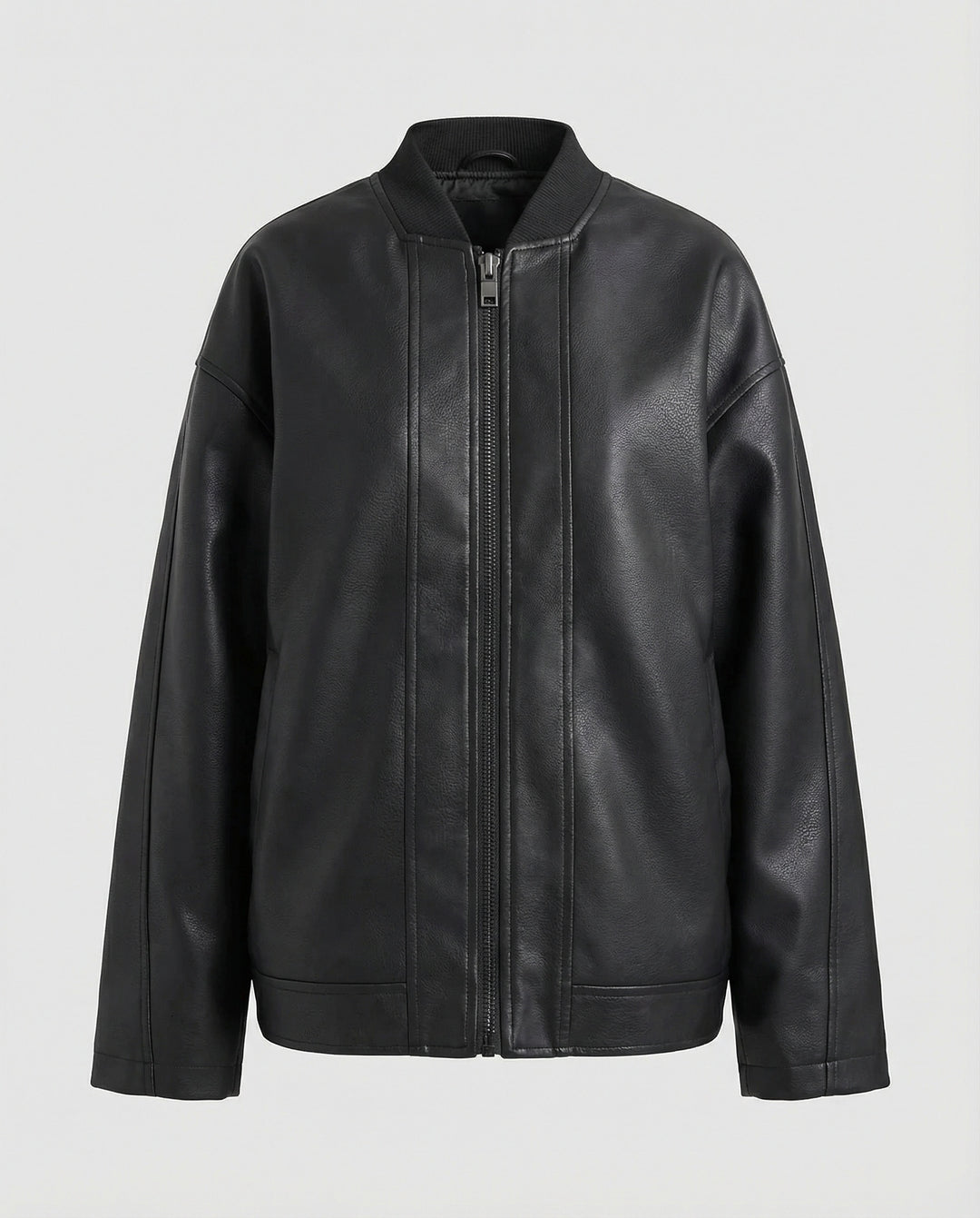 Damen oversized Lederimitat-Überjacke mit kurzem Stehkragen, verdecktem Reißverschluss und markanten Längsnähten EB