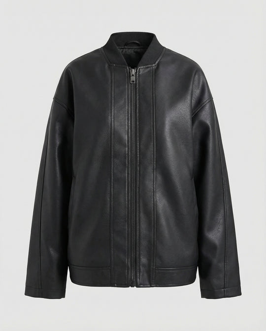 Damen oversized Lederimitat-Überjacke mit kurzem Stehkragen, verdecktem Reißverschluss und markanten Längsnähten EB