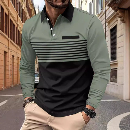 Herren nan langärmliges Poloshirt mit kontrastierendem Hemdkragen, dezenter Brustpaspel und feinem Streifenrelief EB