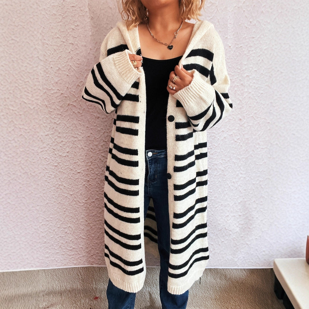 Damen gemütlicher Strickcardigan mit modischem Streifenmuster und Kapuze EB