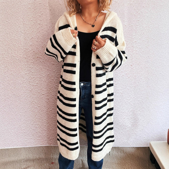 Damen gemütlicher Strickcardigan mit modischem Streifenmuster und Kapuze EB