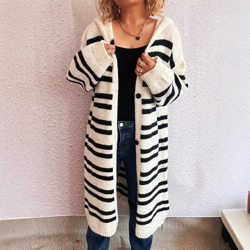 Damen gemütlicher Strickcardigan mit modischem Streifenmuster und Kapuze EB