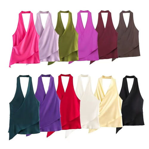 Damen elegantes Haltertop mit asymmetrischem Schnitt und schimmerndem Satinfinish EB