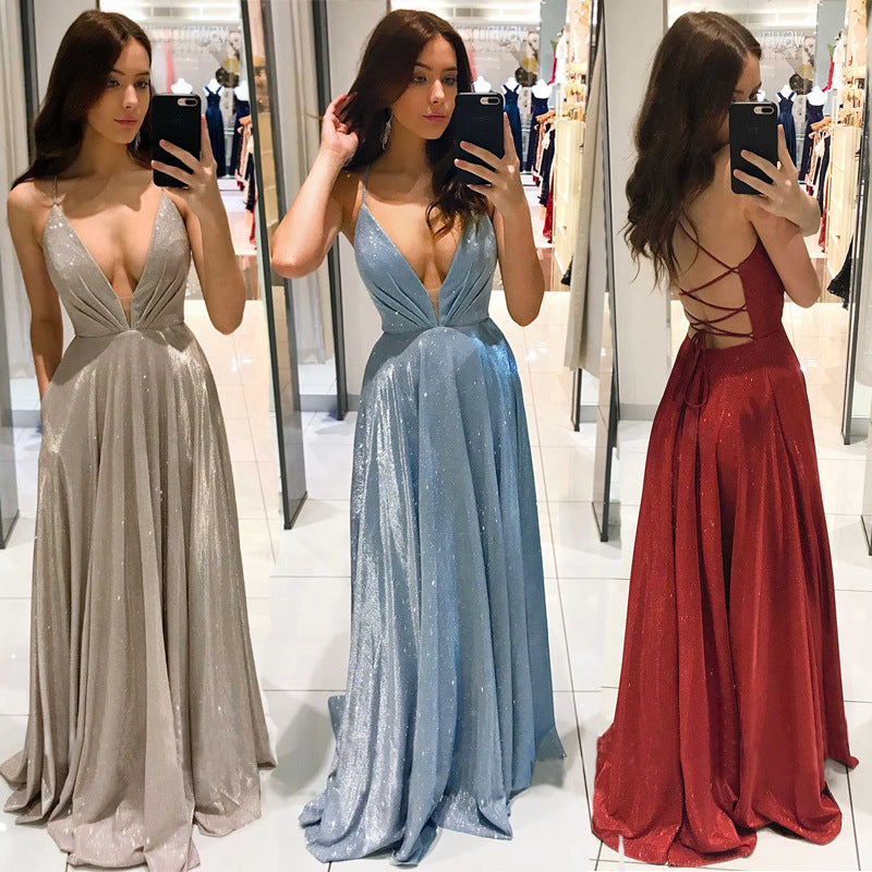 Damen Glamouröses Abendkleid mit tiefem V-Ausschnitt und funkelnden Details EB