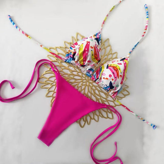 Damen Bikini-Set mit buntem Obstmuster und seitlichem Knoten EB