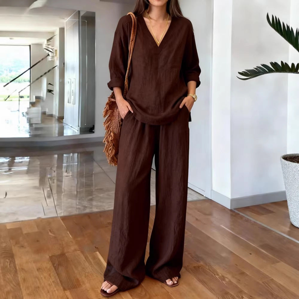 Damen Leichte Sommerhose mit weitem Schnitt und V-Ausschnitt Shirt EB