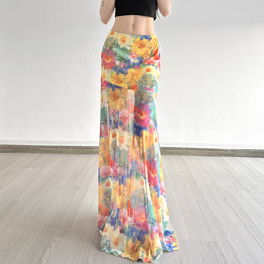 Damen Maxi-Rock mit floralem Chiffon-Design und schwingendem Saum EB