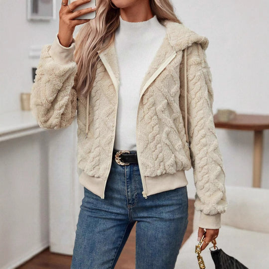 Damen modische Plüschjacke mit Kapuze und gerippten Bündchen EB